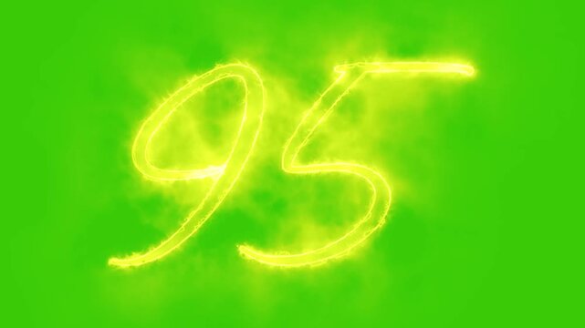 Glowing yellow gold number 95 Animation | Neon Alphabet Typography Motion Graphic. 95 number mathematics text on green background. Bright glowing number 95 countdown icon.