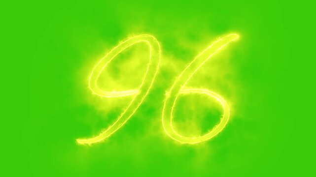 Glowing yellow gold number 96 Animation | Neon Alphabet Typography Motion Graphic. 96 number mathematics text on green background. Bright glowing number 96 countdown icon.