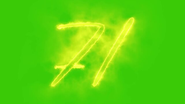 Glowing yellow gold number 71 Animation | Neon Alphabet Typography Motion Graphic. 71 number mathematics text on green background. Bright glowing number 71 countdown icon.