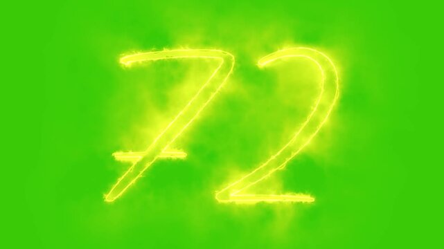 Glowing yellow gold number 72 Animation | Neon Alphabet Typography Motion Graphic. 72 number mathematics text on green background. Bright glowing number 72 countdown icon.