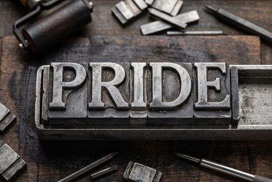 Vintage metal letterpress blocks spelling the word pride resting in a composing tray on a rustic wooden workbench with typography tools