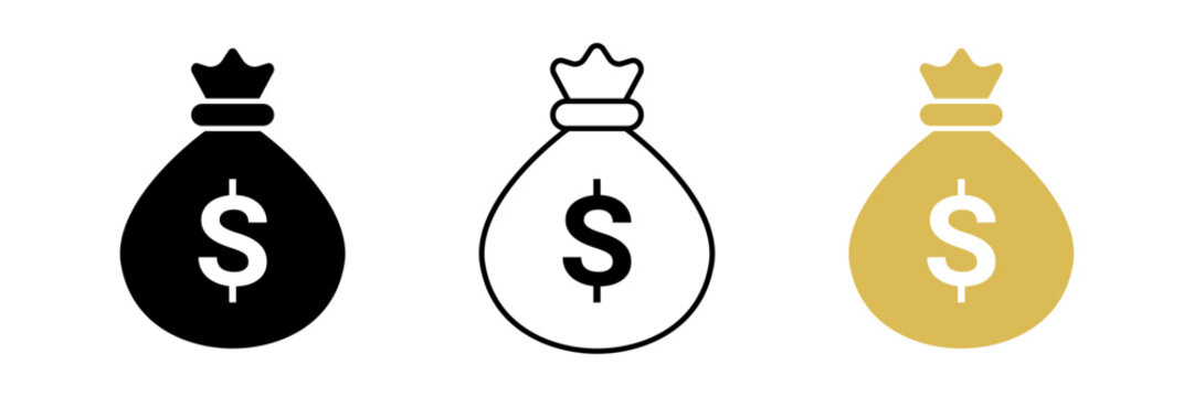 Money Bag Icon Set with Dollar Sign. Financial Wealth and Banking for Business, Investment Graphic Design. Vector Illustration