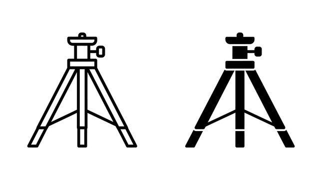 Camera tripod equipment icons in black outline and solid style for photography studio and videography gear.