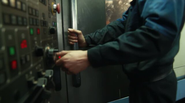 Factory worker closing CNC lathe door pressing control button. Metal workshop.
