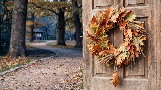 Autumn wreath made of dried oak leaves and wild grass hanging on a rustic wooden door. Seasonal fall floral decoration outdoors with blurry park pathway and autumn foliage trees in background