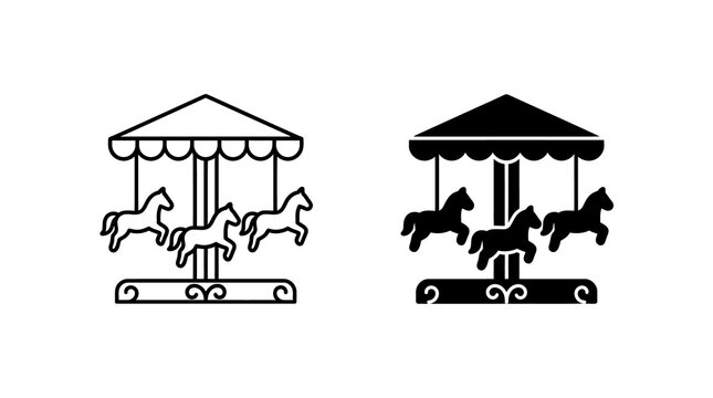 Carousel horse fairground ride icon set in black outline and solid style for amusement park and children design.