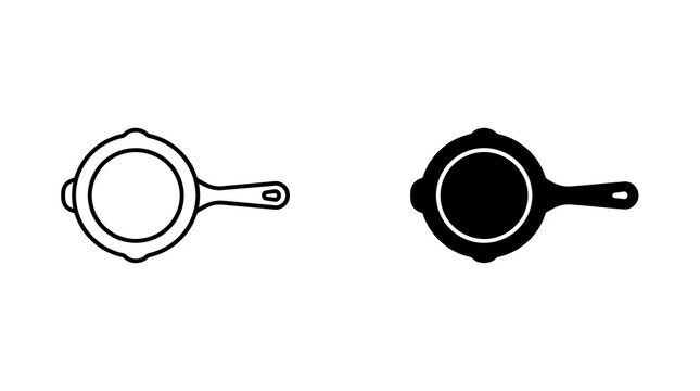 Cast iron skillet icons in minimalist outline and solid black graphic styles for kitchen equipment.