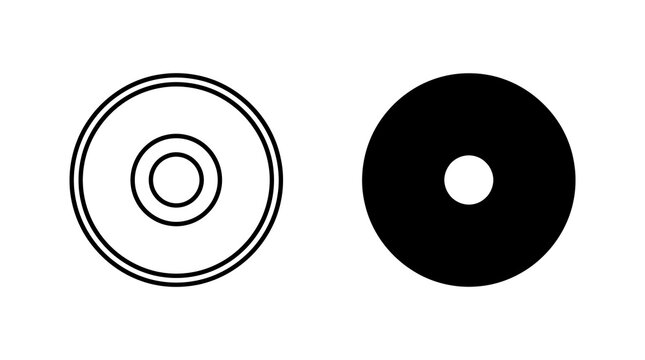 Compact disc silhouette icons featuring thin line and solid black styles for digital media storage design.