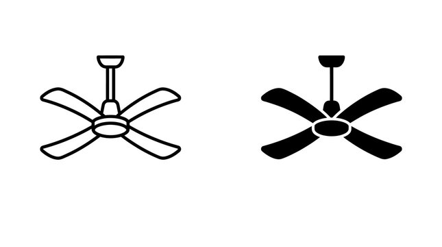Ceiling fan icon set with solid and outline graphic styles for home interior cooling and modern climate control symbols.