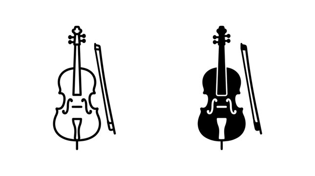 Cello and bow icon set featuring solid and outline silhouettes for classical music orchestra and instrumental hobby design.