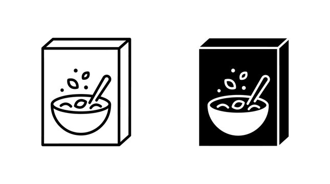 Breakfast cereal box icon set including outline and solid graphic styles for healthy morning meal and nutrition food packaging.