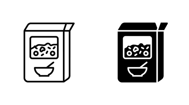 Breakfast cereal box icon set featuring outline and solid silhouettes for grocery store branding and healthy food menu design.