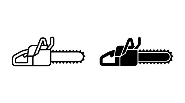 Chainsaw power tool icon set featuring solid and outline stroke silhouettes for forestry equipment and construction site symbols.