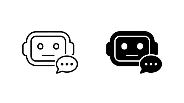 Robot chatbot icon set featuring flat black and linear outline designs for digital communication interfaces.