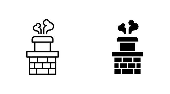 Brick fireplace chimney icons with outline and solid black styles for house construction and winter holiday design themes.