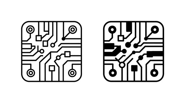 Circuit board chip icons with outline and solid black styles for electronic hardware design and tech interface projects.