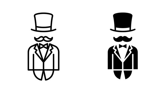 Gentleman with top hat and mustache icon set with outline and solid black graphic styles for formal fashion.