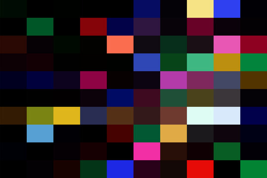 Abstract mosaic background, featuring a grid, of multicolored square, pixels in various, vibrant and dark, shades arranged in, a random pattern