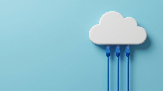 White cloud shape connected with blue network ethernet cables on a blue background concept cloud computing ethernet cable cloud storage internet access data transfer cloud icon network connecti