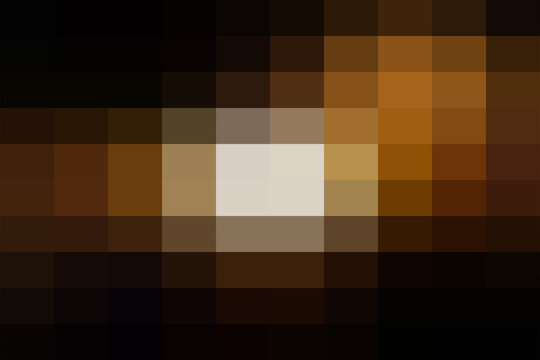 Pixelated abstract background, with a grid, of squares showing, a bright white, and yellow center, fading into dark, brown and black, outer edges