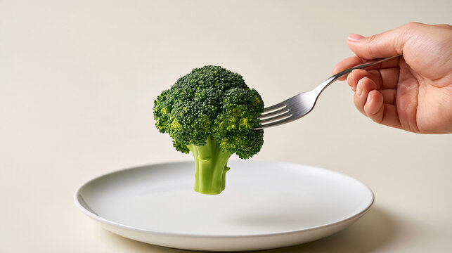 Woman holding broccoli on fork above pla 1