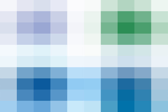 Pixelated mosaic background, featuring a grid, of square blocks, in four color, sections of purple, green, and blue, separated by white space