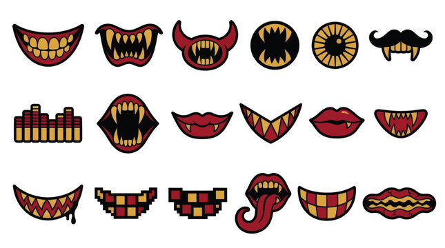 Scary monster mouths vector illustration set featuring sharp teeth, fangs, spooky grins, and pixelated designs with deep red gold colors