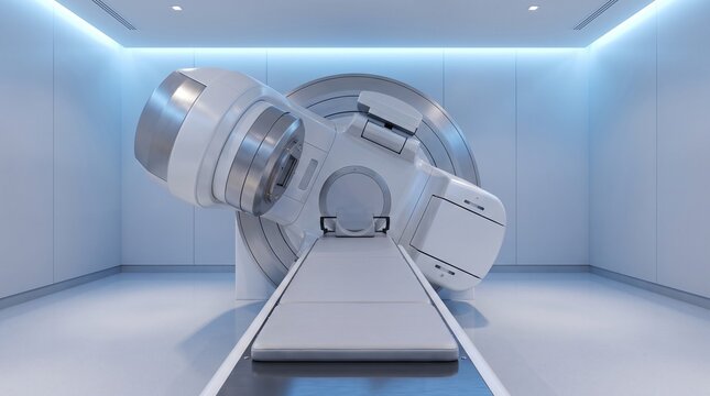 Modern medical linear accelerator for radiation therapy and cancer treatment in a sterile hospital room