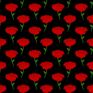 Red Rose Flower Seamless Pattern Background. Elegant Romantic Floral Texture Backdrop for Valentine Day, Wedding Invitation, Textile Fashion, and Gift Wrapping Paper. Vector Illustration