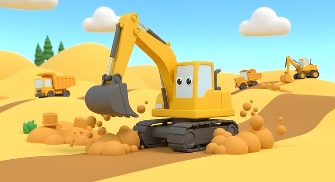 3D Cartoon Excavator Digging Soil at a Construction Site During Heavy Earthmoving and Infrastructure Work