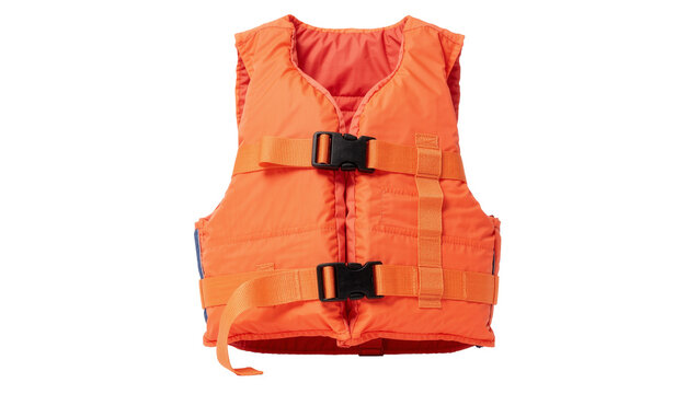 Bright orange life vest with black buckles and straps, isolated on transparent background