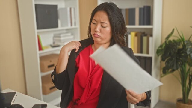 Woman in red blouse holds a document and fans her neck with paper while seated at a desk near shelves, boxes and a plant in an office building; frustration paperwork coping.