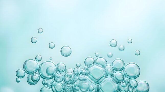 Abstract background featuring rising air bubbles in clear blue water with soft lighting and bokeh effect