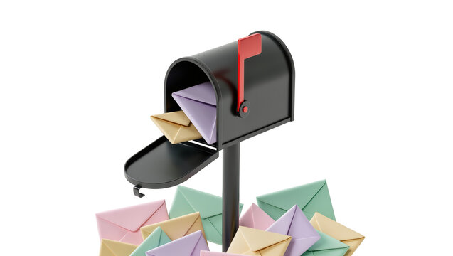 Black metal mailbox overflowing with pastel colored envelopes, isolated on transparent background