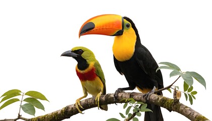 Fototapeta premium Tropical birds sitting on a tree branch in the rainforest cut out White background with shadow. AI GENERATED.