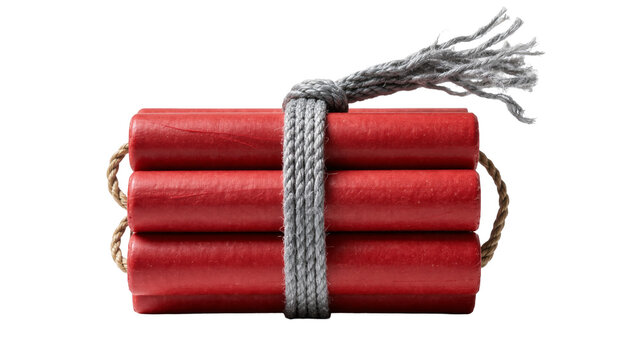 Bundle of red dynamite sticks tied with grey rope, isolated on transparent background