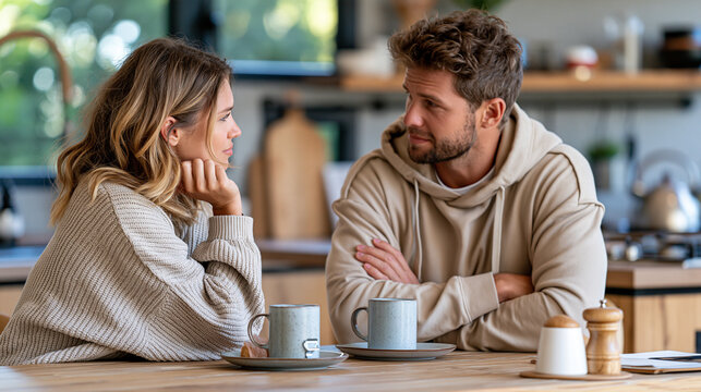 Young couple having a serious conversation across a kitchen table, unresolved relationship issues, emotional tension, honest communication, marriage counseling concept, natural