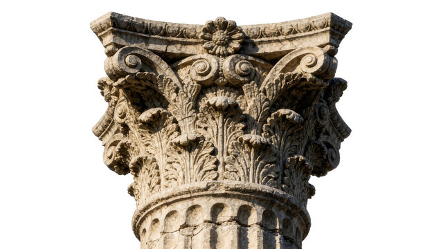 Ornate Corinthian column capital with acanthus leaves, isolated on transparent background