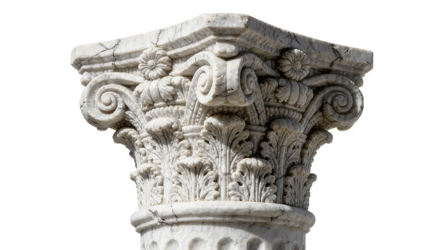Ornate Corinthian marble column capital with acanthus leaves and volutes, isolated on transparent background