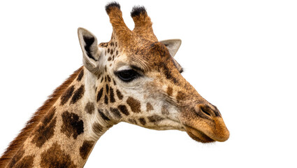 Close-up portrait of a giraffe head with brown spots, isolated on transparent background © Mia