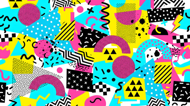 Vibrant 1980s inspired geometric pattern with bright colors and retro shapes
