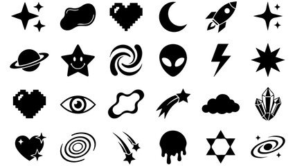 Obraz premium Set of black y2k style cosmic space icons and cute celestial shapes for graphic design projects