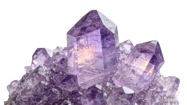 Purple amethyst crystal cluster with sharp facets, isolated on transparent background