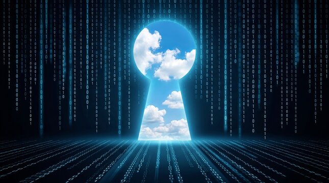 Glowing keyhole doorway revealing blue sky and white clouds inside digital binary code environment with cloud security cloud access cyber security data protection digital background safe storage