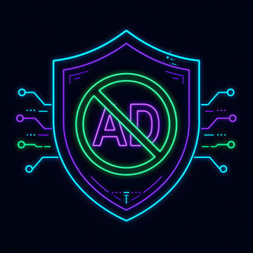Cyberpunk neon Ad blocker shield icon cyber security adblock no advertising protection illustration