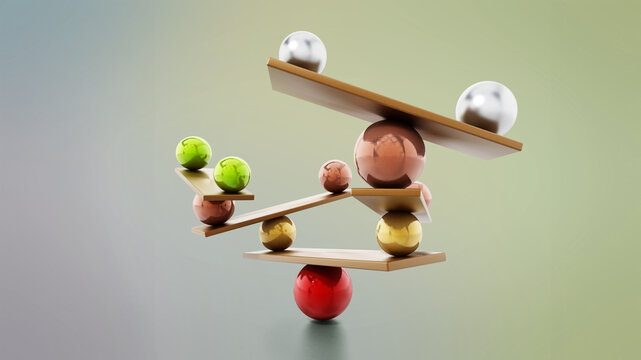 Balancing spheres standing in balance on seesaws. 3D illustration