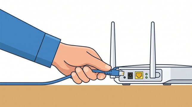 Hand connecting ethernet cable to router