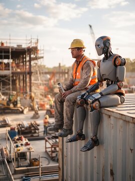 Construction worker and robot taking a break on a site with heavy machinery and unfinished building structures