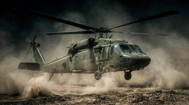 Military helicopter flying through dust and smoke in operational environment with rotors spinning rapidly. Military helicopter maneuvering in harsh terrain showcasing power and agility.
