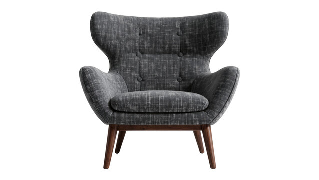 Textured charcoal grey fabric armchair with button tufting, isolated on transparent background